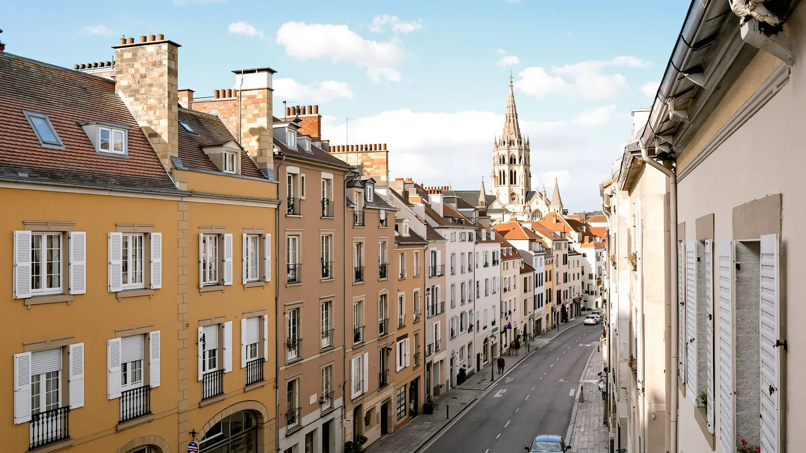 Illustration : la rue Nationale à Villefranche-sur-Saône, ses façades anciennes et le clocher de Notre-Dame-des-Marais